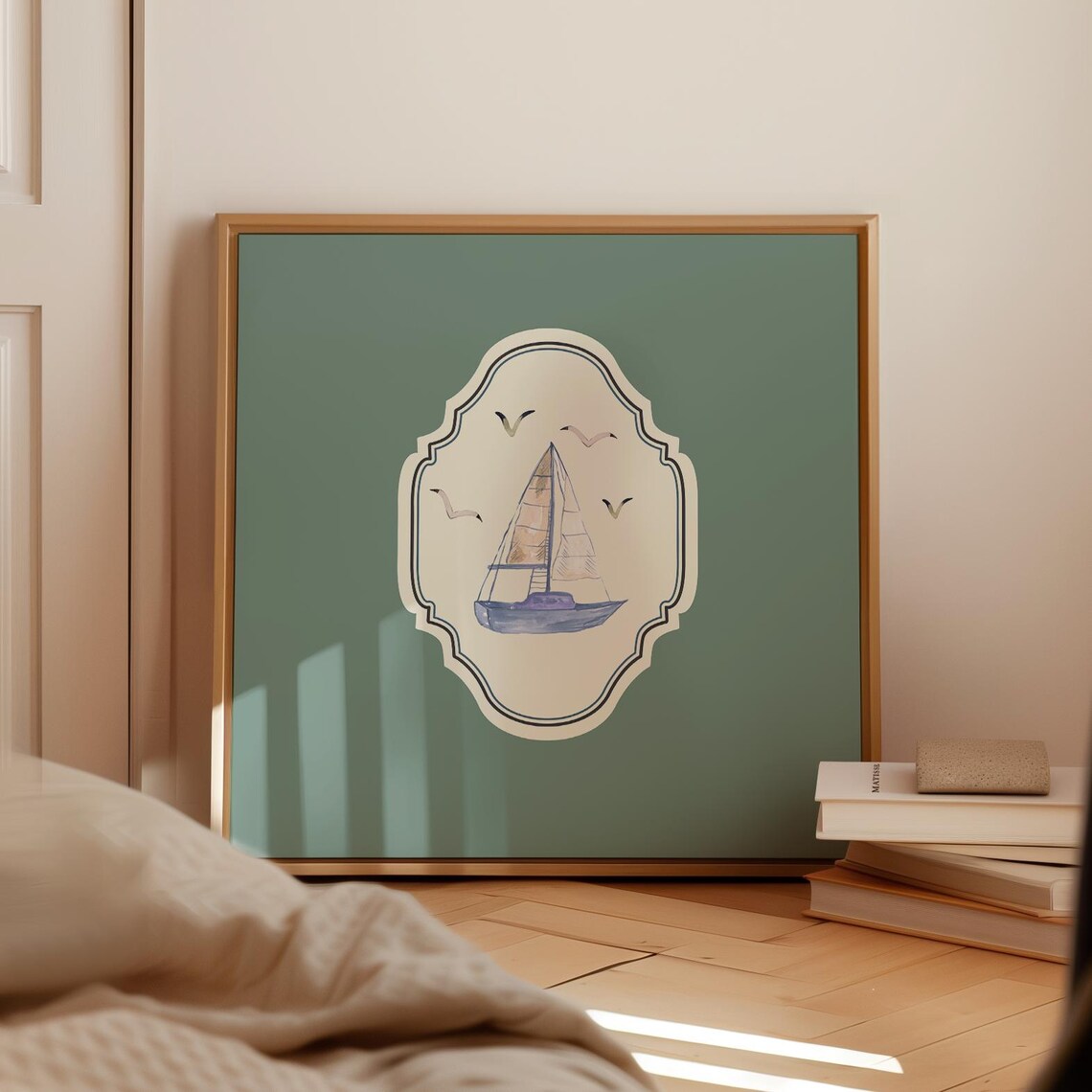 Sage Green Watercolor Sailboat Poster Coastal Nursery Decor Art - Image 3