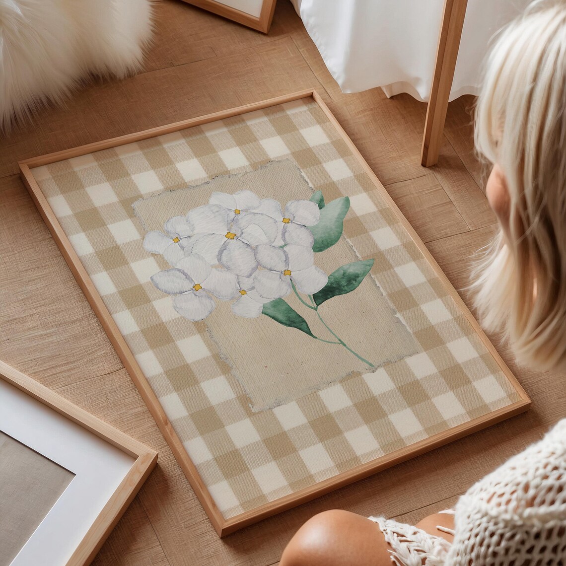 Mocha Gingham White Hydrangea Art Print, Vintage Floral