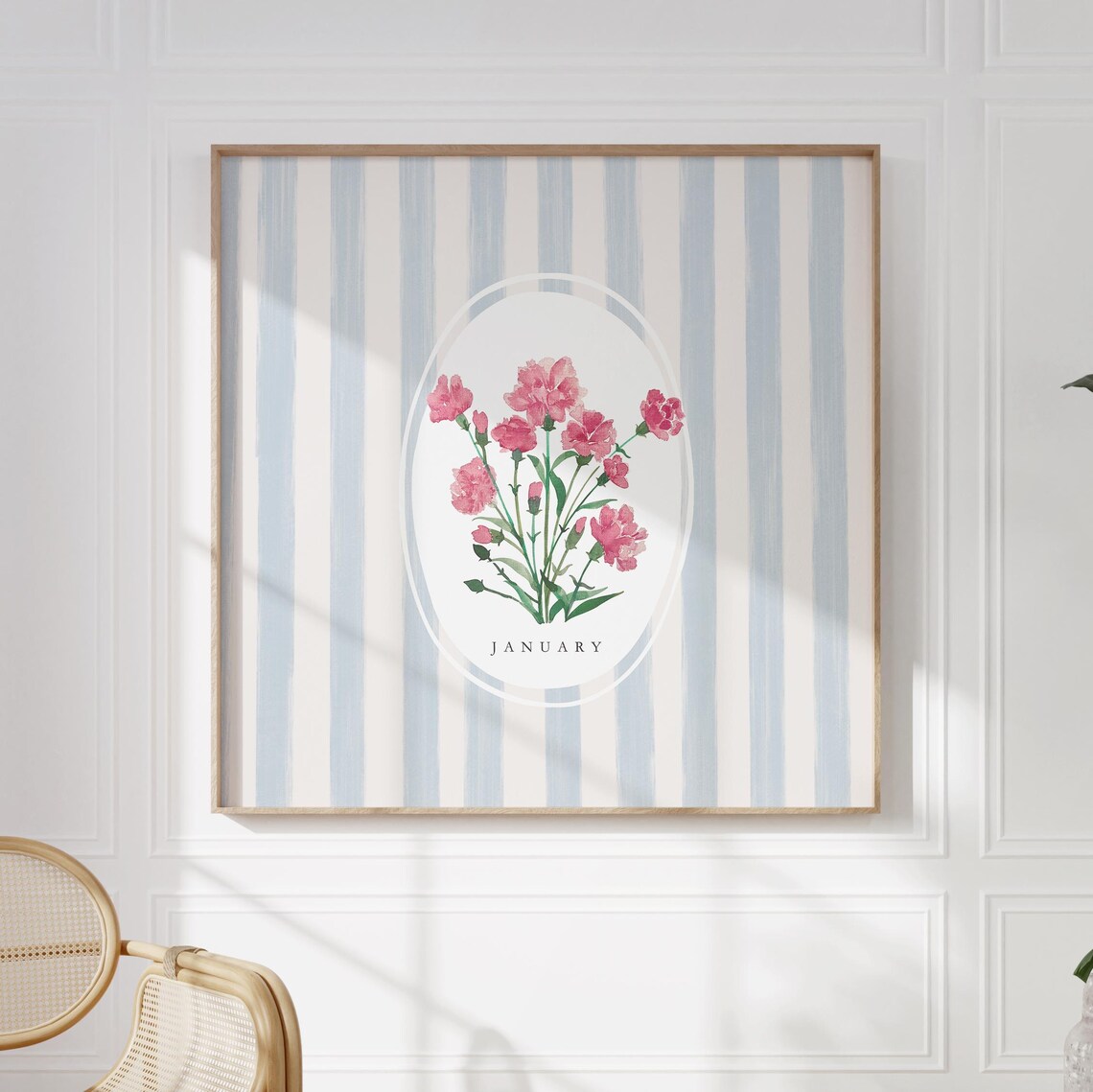 January Carnation Birth Month Flower Blue Stripe Watercolor Bouquet Poster - Image 3