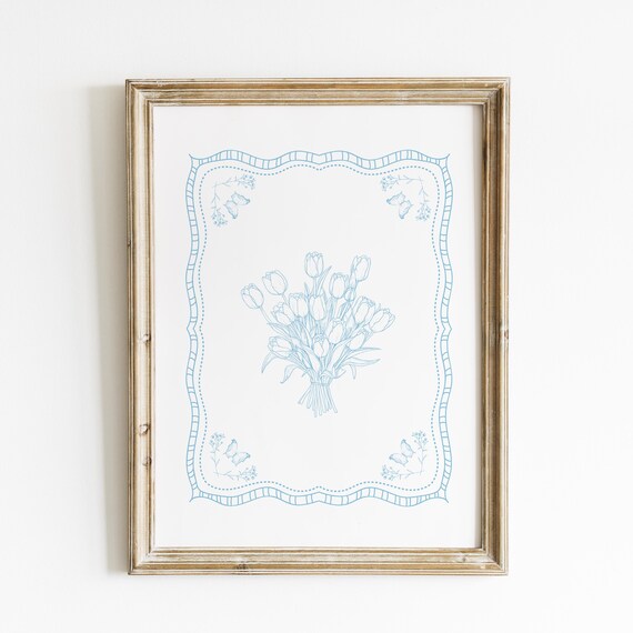 Baby Blue Tulip Bouquet Line Drawing Botanical Nursery Poster
