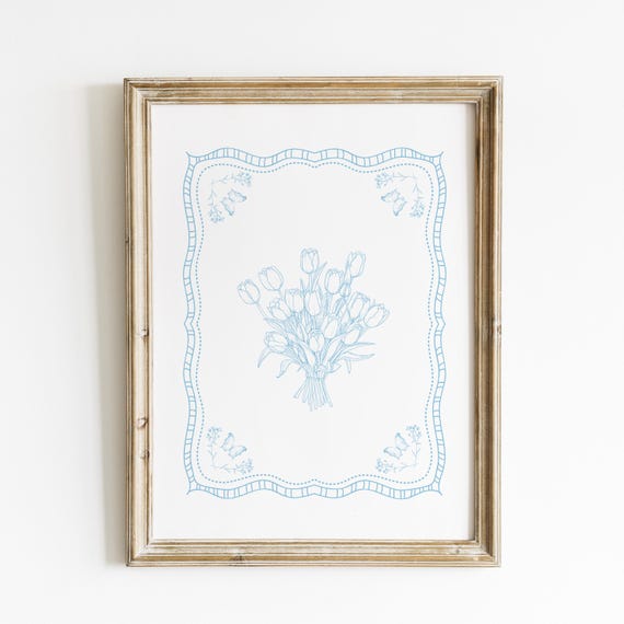 Baby Blue Vintage Tulip Illustration Print Wall Art Trendy Decor Vintage Painting Wall Art Print Nursery
