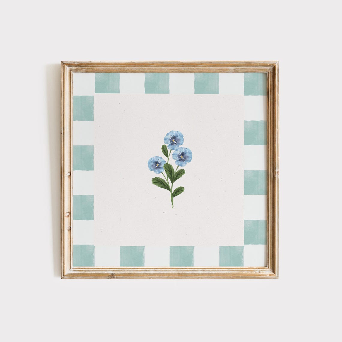 Blue Pansy Flower Stem with Teal Gingham Check Border Square Poster