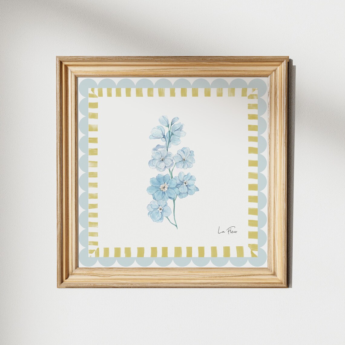 La Fleur Blue Floral Sprig Scalloped Border Watercolor Art Poster - Image 4