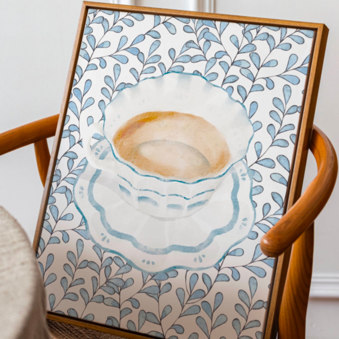 Blue Watercolor Teacup and Saucer on Leafy Wallpaper Vertical Print - Image 3
