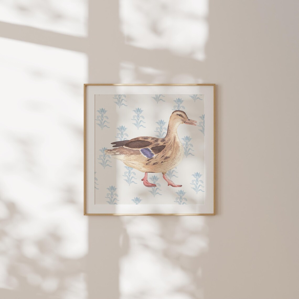 Watercolor Mallard Duck Blue Floral Wallpaper Background Poster - Image 2