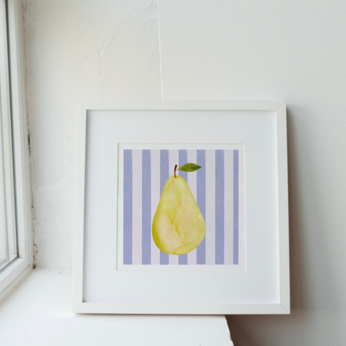 Fresh Yellow Pear Watercolor On Cornflower Blue Stripes Poster - Image 2