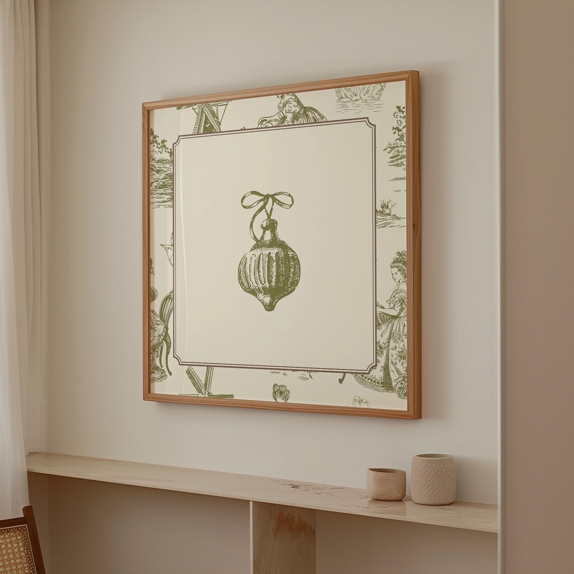 Green Toile Border Vintage Christmas Ornament Bauble Engraving Poster - Image 2