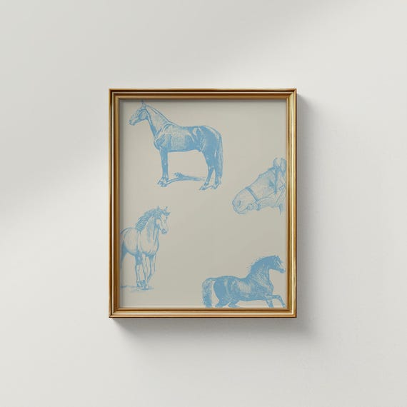 Sweet Blue Horse Illustration, Vintage Equestrian Art Print
