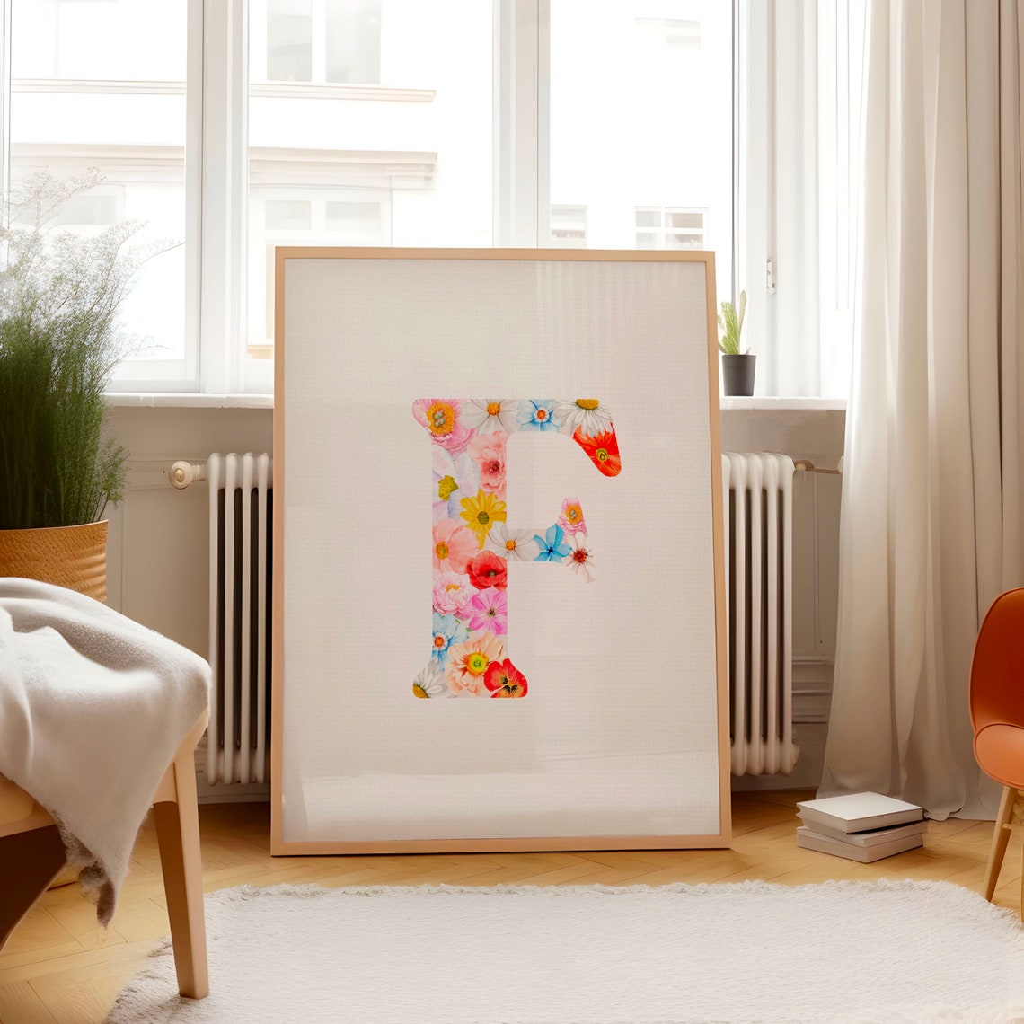 Floral Letter F Poster with Watercolor Wildflowers on Clean White