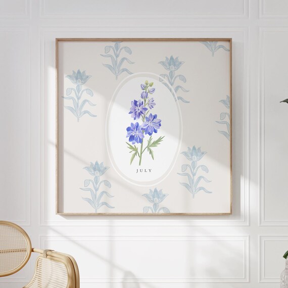 July Larkspur Birth Month Flower Watercolor Botanical Art Poster