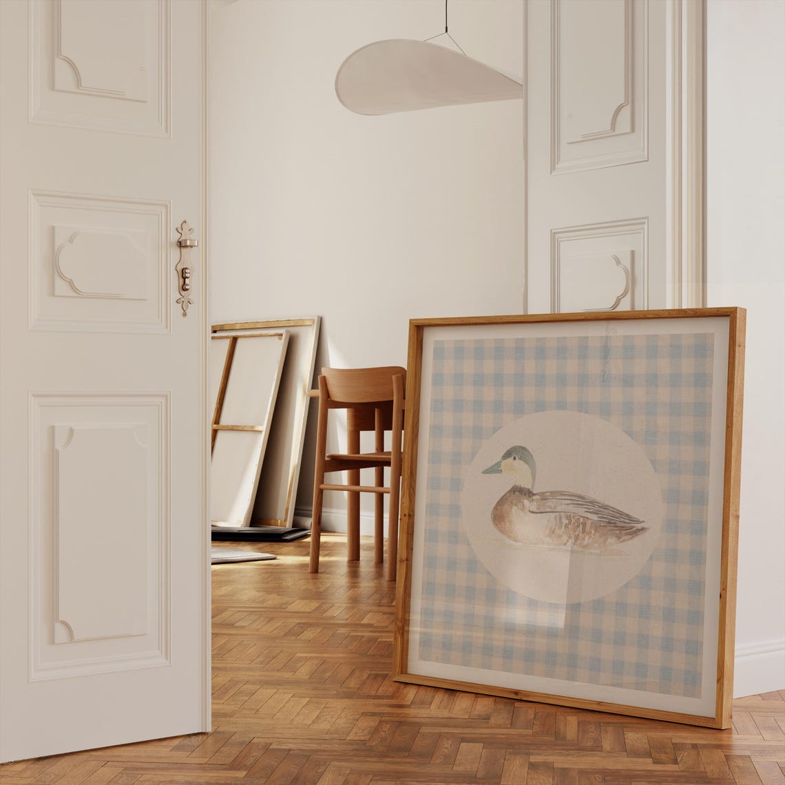 Vintage Gingham Mallard Duck Print Wall Art Kitchen Living Room Art Blue Thin Line Print Nursery Square Art - Image 2