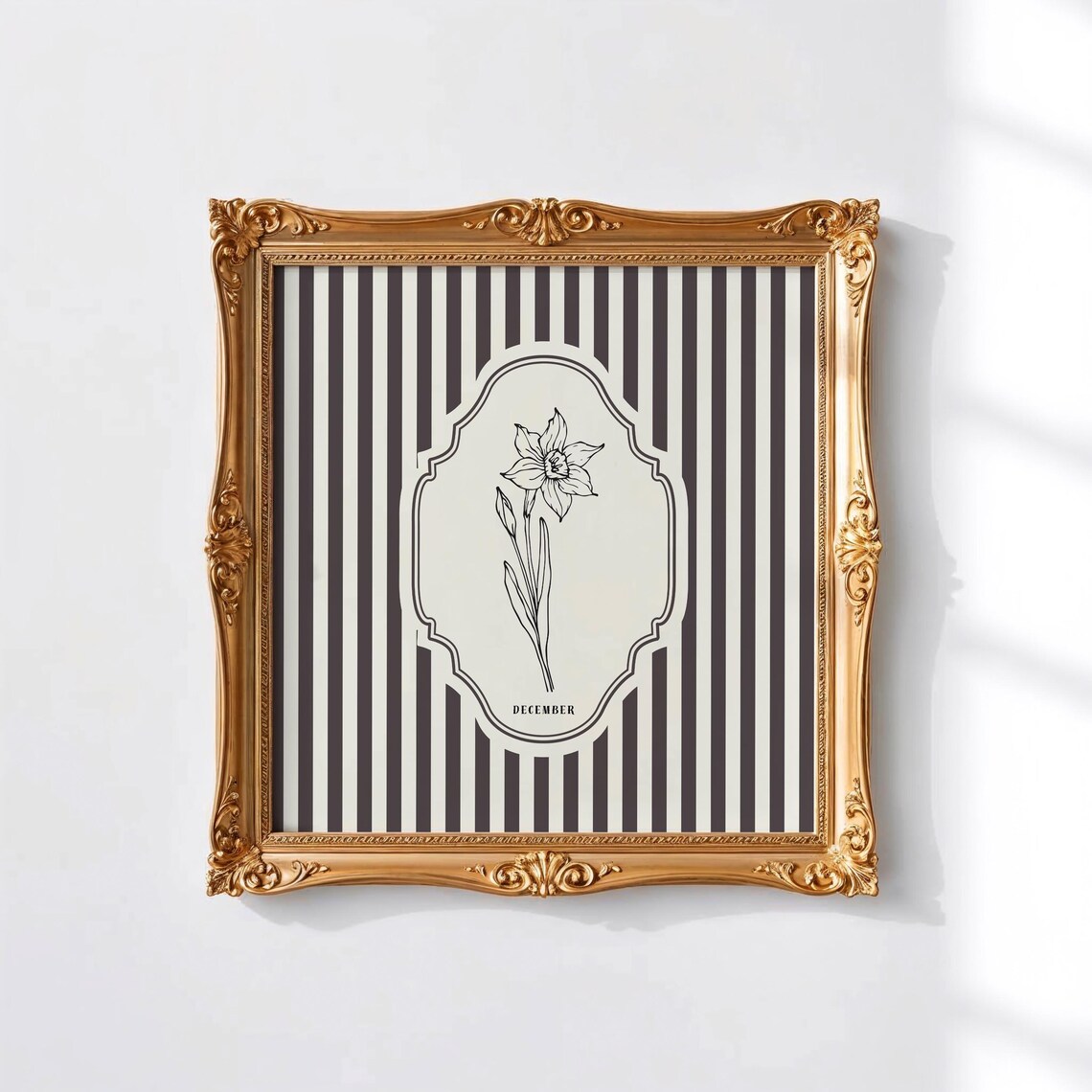 December Birth Month Narcissus Botanical Thin Line Art Striped Print