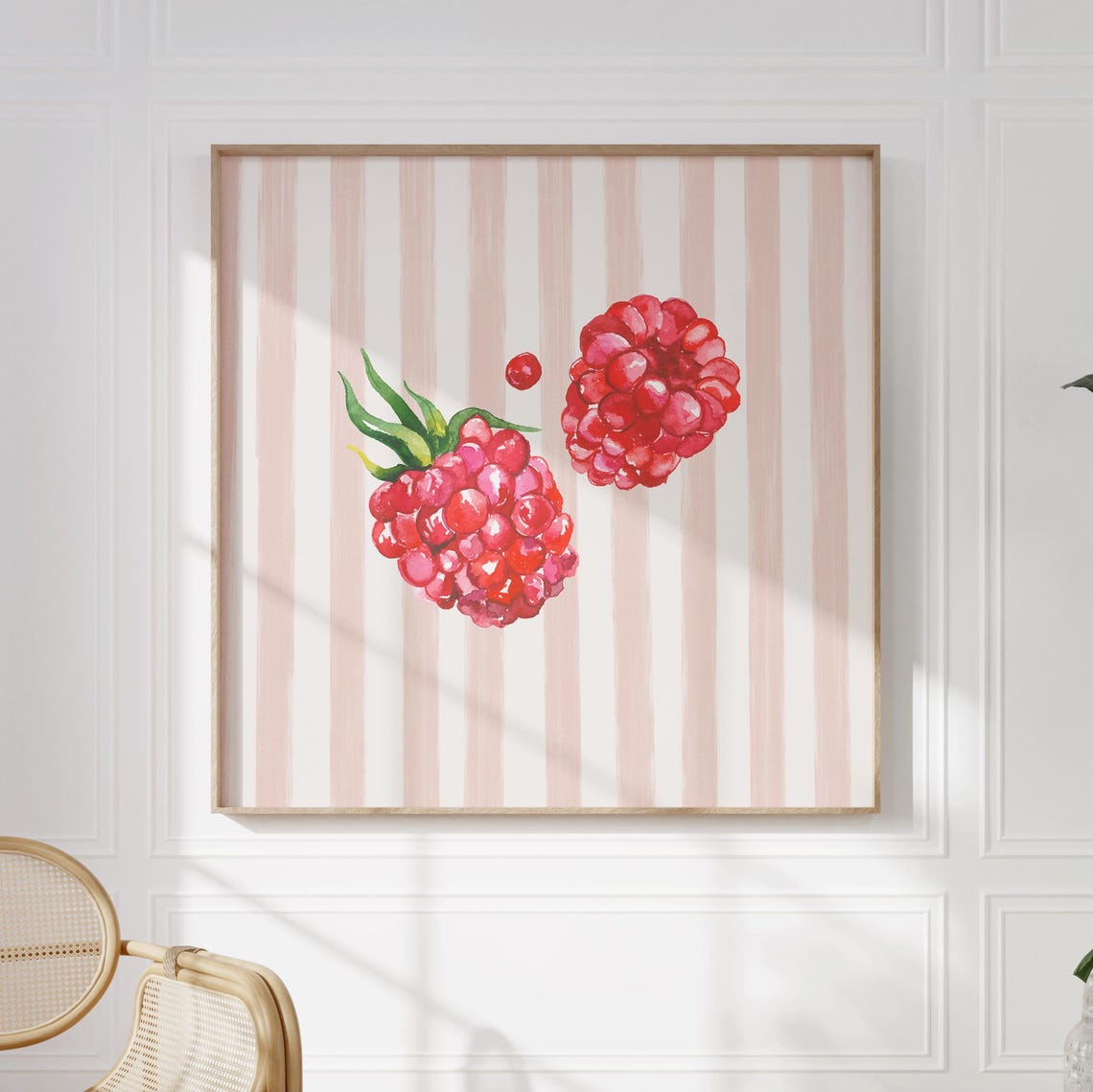 Red Raspberry Watercolor on Pink Stripes Kitchen Fruit Art Poster - Image 2