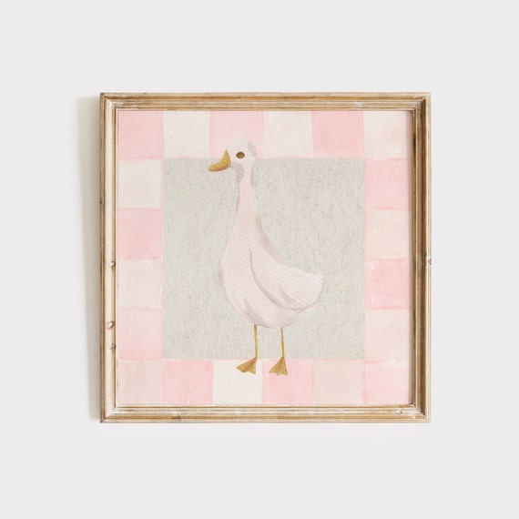 Pink Checkered Goose Print Instant Wall Art Trendy Decor Floral Illustration Living Room Art Nursery