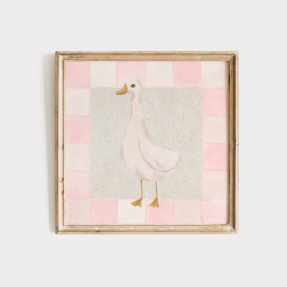 Pink Checkered Goose Watercolor Cottage Nursery Animal Poster