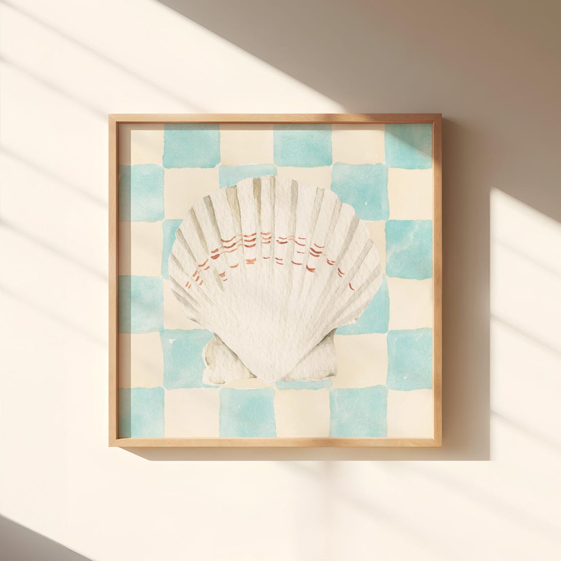 White Scallop Shell Turquoise Checkered Coastal Watercolor Art Poster - Image 4