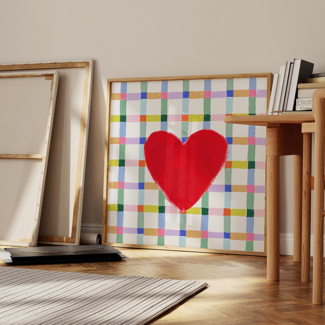 Bold Red Watercolor Heart Colorful Check Plaid Love Theme Wall Art - Image 3