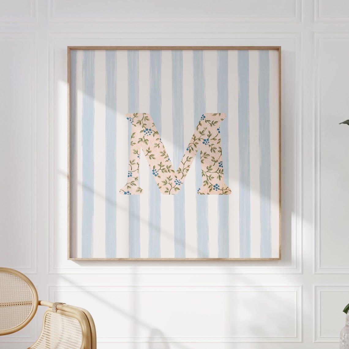 Floral Chintz Letter M Monogram Initial Blue Striped Wall Poster