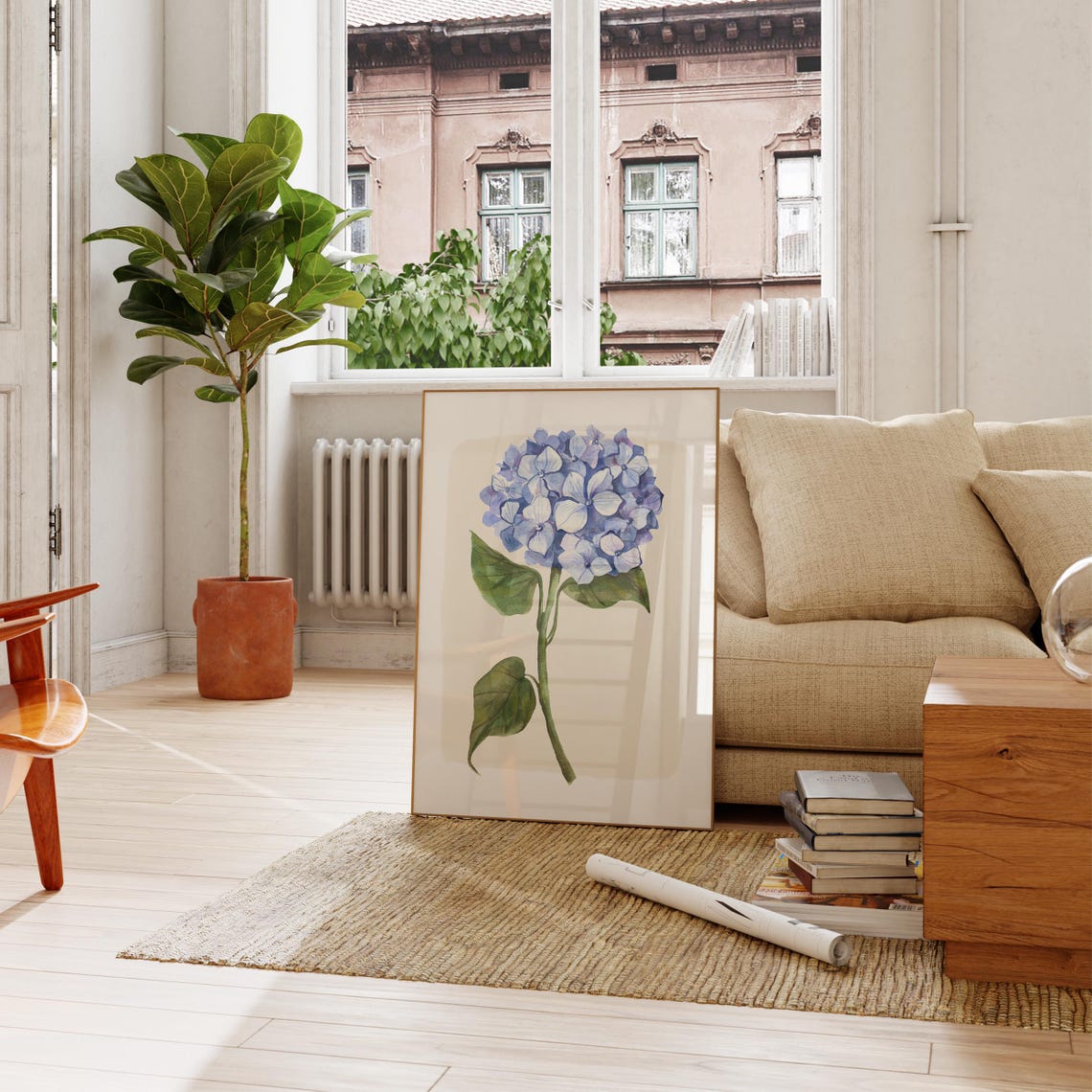 Blue Hydrangea Bloom Watercolor Large Stem Botanical Wall Art Print - Image 2