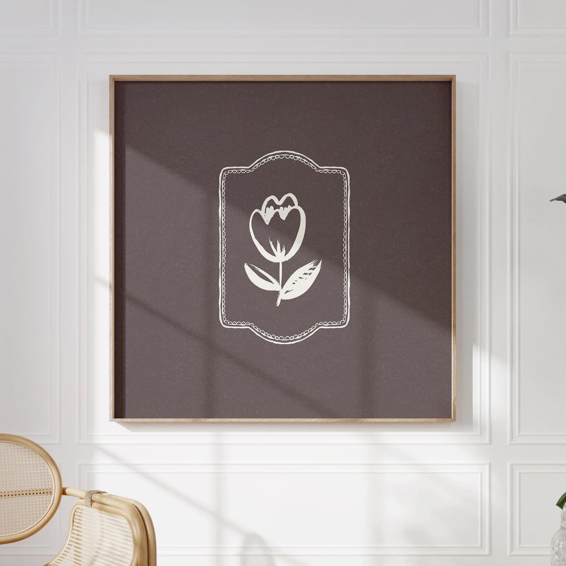 Minimal White Tulip Line Art Poster on Rich Dark Brown Background - Image 2