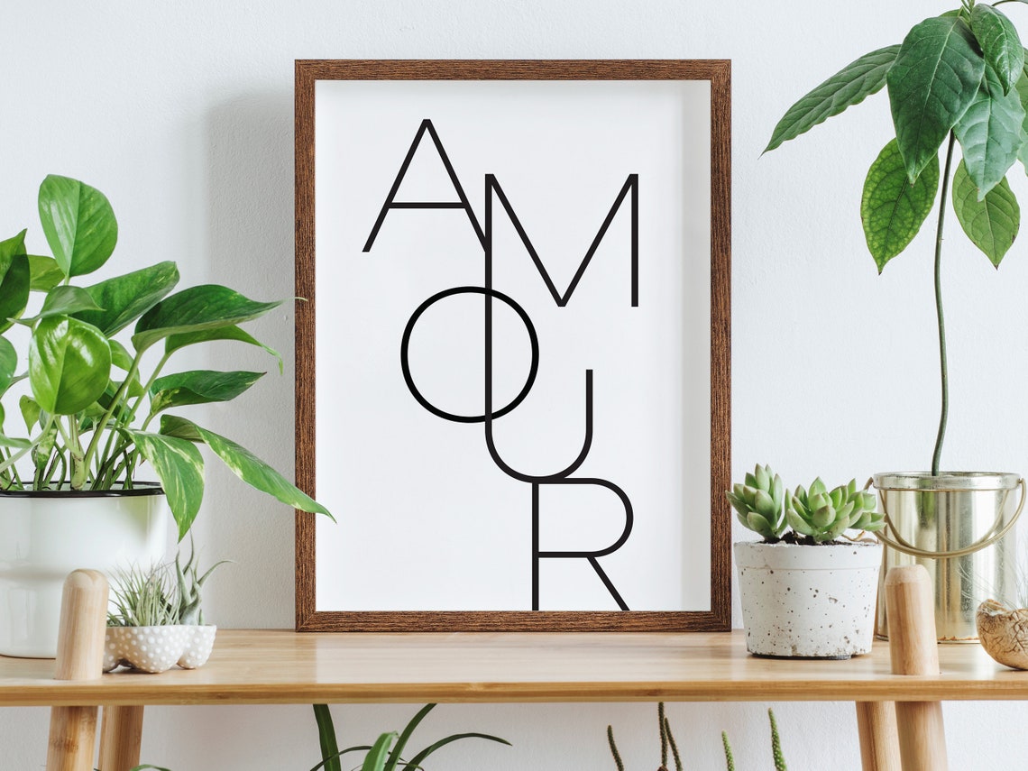 Amour French Love Minimalist Interlocking Black Typography Poster