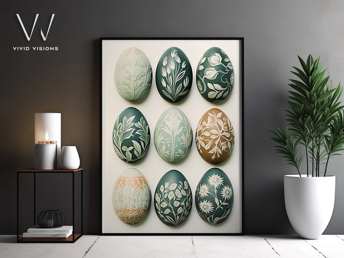 Nine Hand Decorated Botanical Easter Eggs in Earthy Tones Poster
