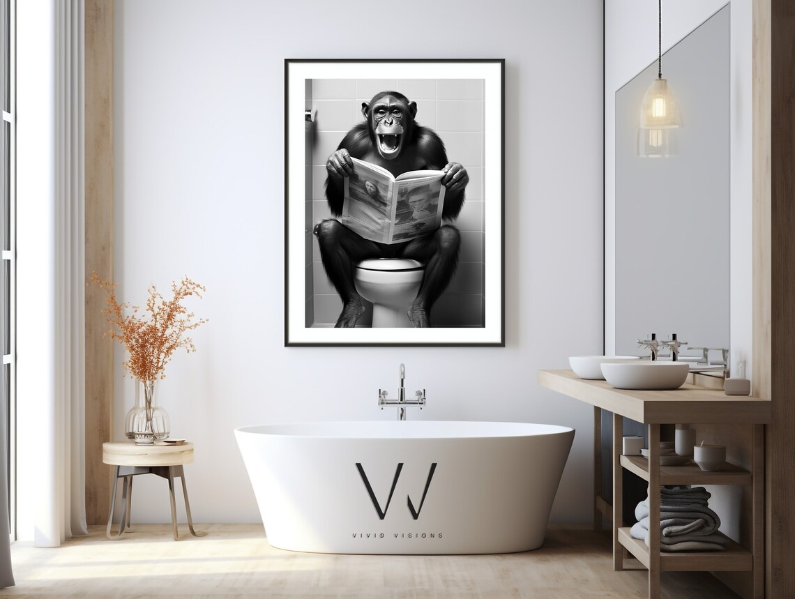 Monkey Sitting On The Toilet Reading, Rustic Bath Art Print - Image 3