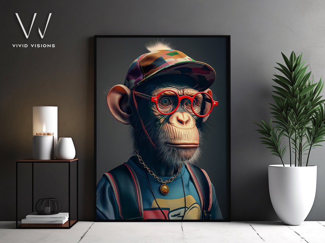 Chimp in Colorful Cap Red Glasses Gold Chain Streetwear Poster Art