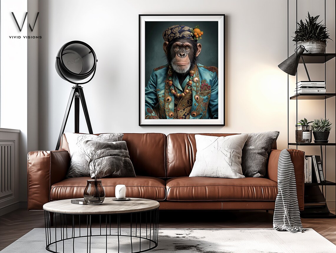 Chimpanzee in Turban Boho Royal Outfit Painted Animal Portrait Poster - Image 4