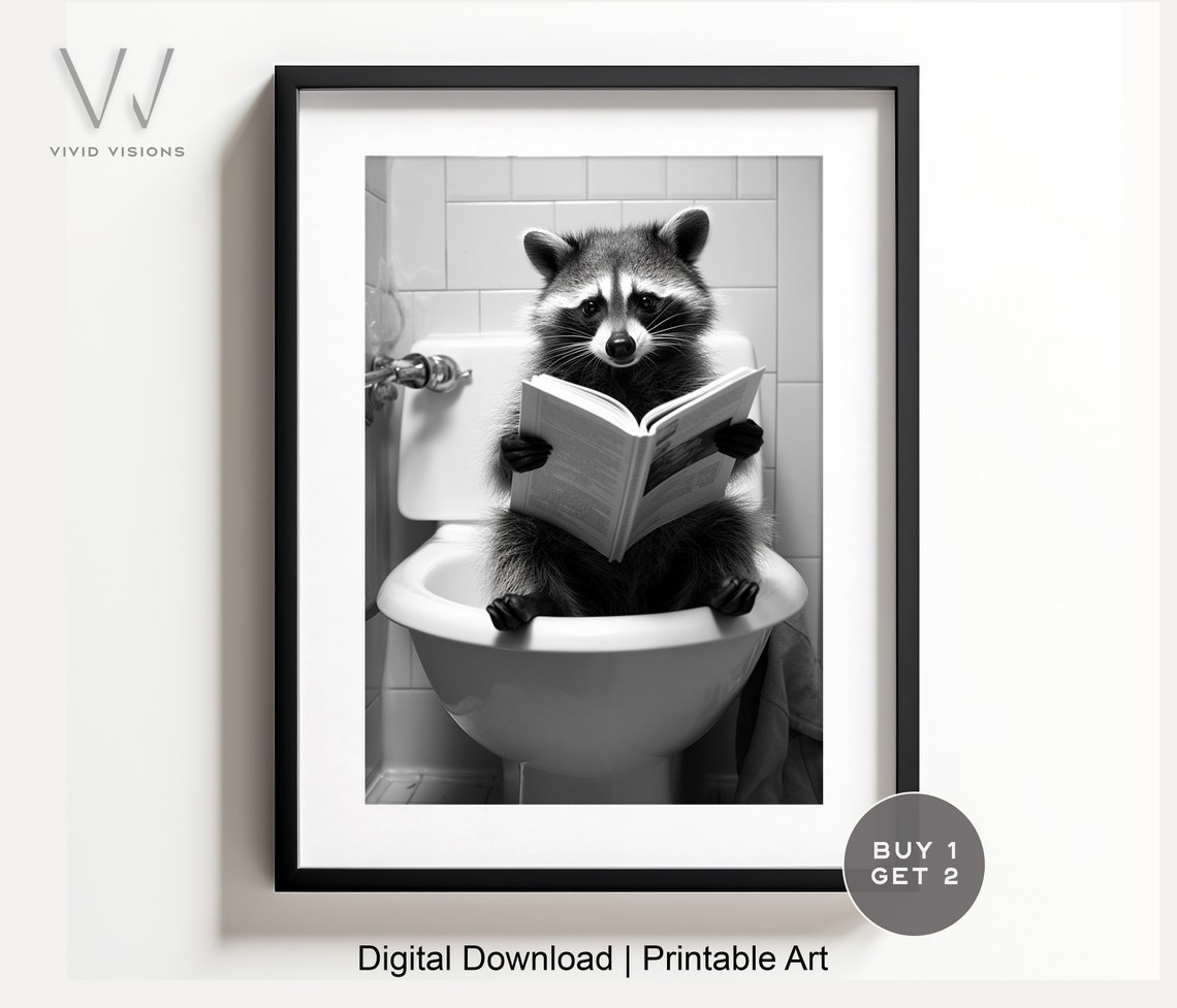 Funny Raccoon Sitting in the Toilet Reading a Book Bathroom Poster