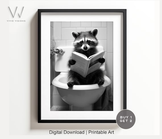Funny Raccoon Sitting in the Toilet Reading a Book Bathroom Poster