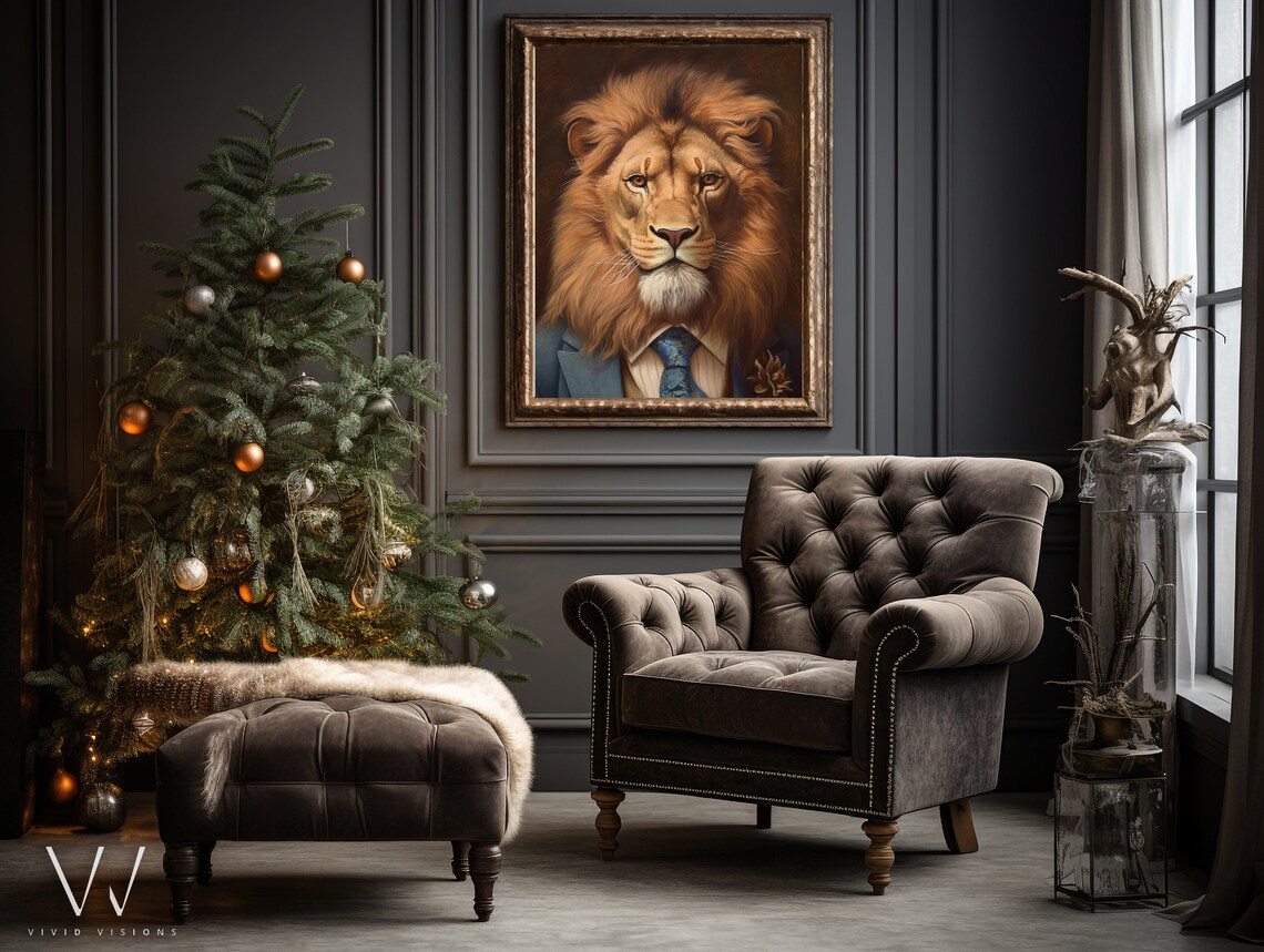 Lion in Blue Suit Dapper Gentleman Animal Portrait Art Poster - Image 4