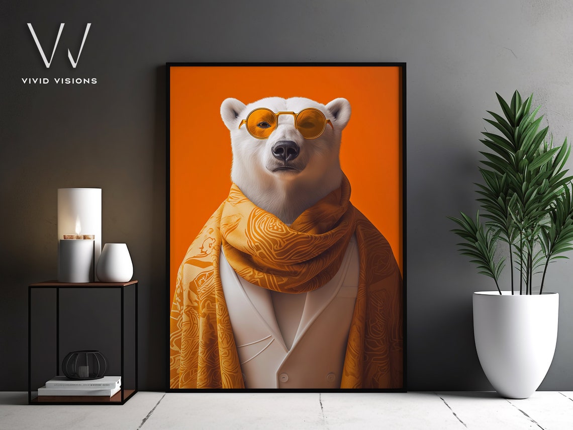 Polar Bear with Round Orange Sunglasses Amber Scarf Animal Poster