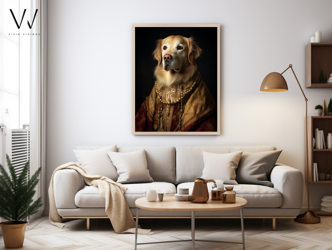 Golden Retriever in a Gold Pearl Trimmed Royal Robe Portrait Poster - Image 3