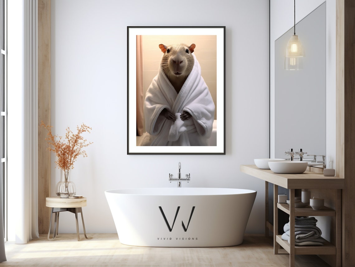 Smiling Capybara in a Fluffy White Bathrobe After Bath Poster - Image 3