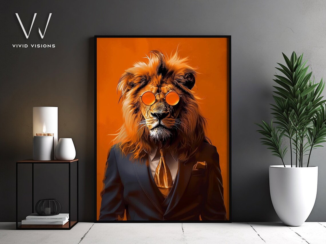 Lion in Suit with Orange Sunglasses Retro Pop Art Animal Poster