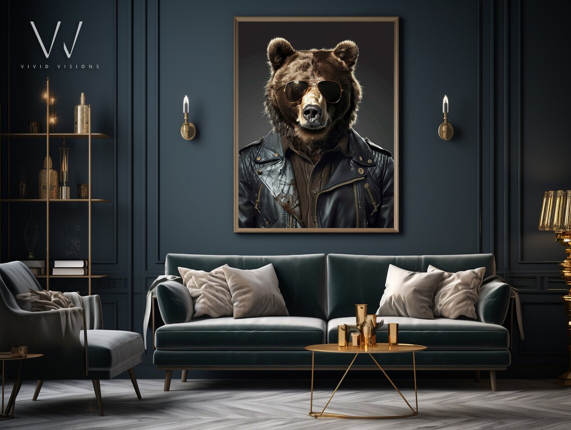 Bear in Leather Jacket Aviator Sunglasses Tough Wildlife Poster Art - Image 3