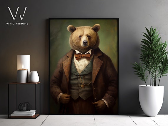 Victorian Bear Portrait Gothic Wall Art Renaissance Painting Vintage Animal Portrait Poster Artwork Unframed Art 1007