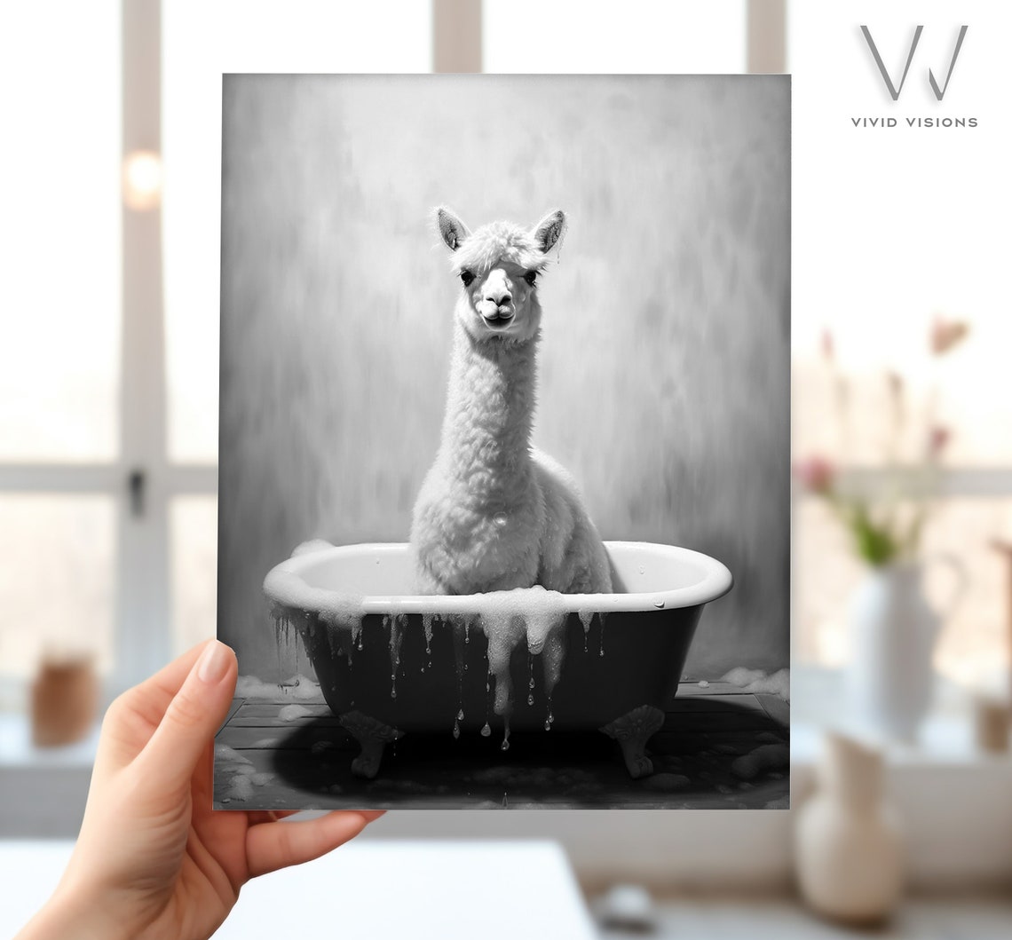 Llama in Vintage Bathtub Black White Funny Bathroom Wall Art - Image 4