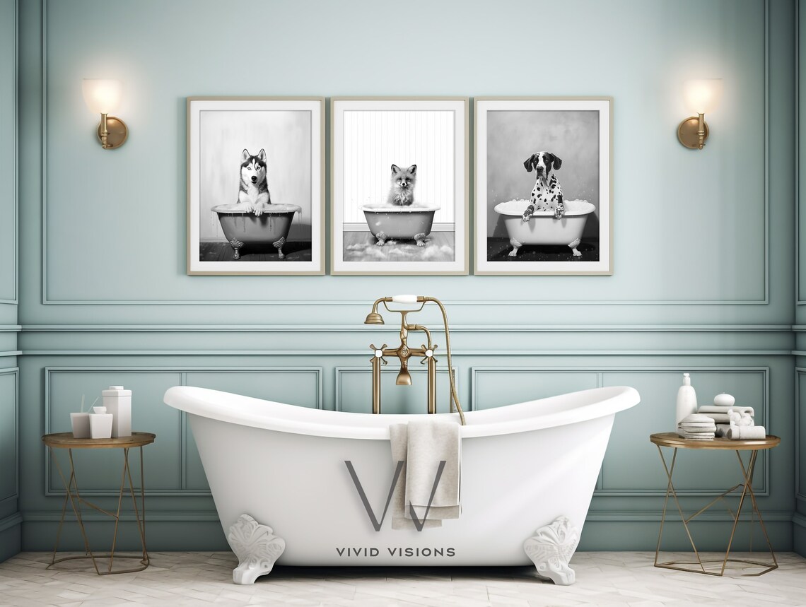 Set of 3 Black White Fox Dalmatian Husky Bathtub Bathroom Poster - Image 2