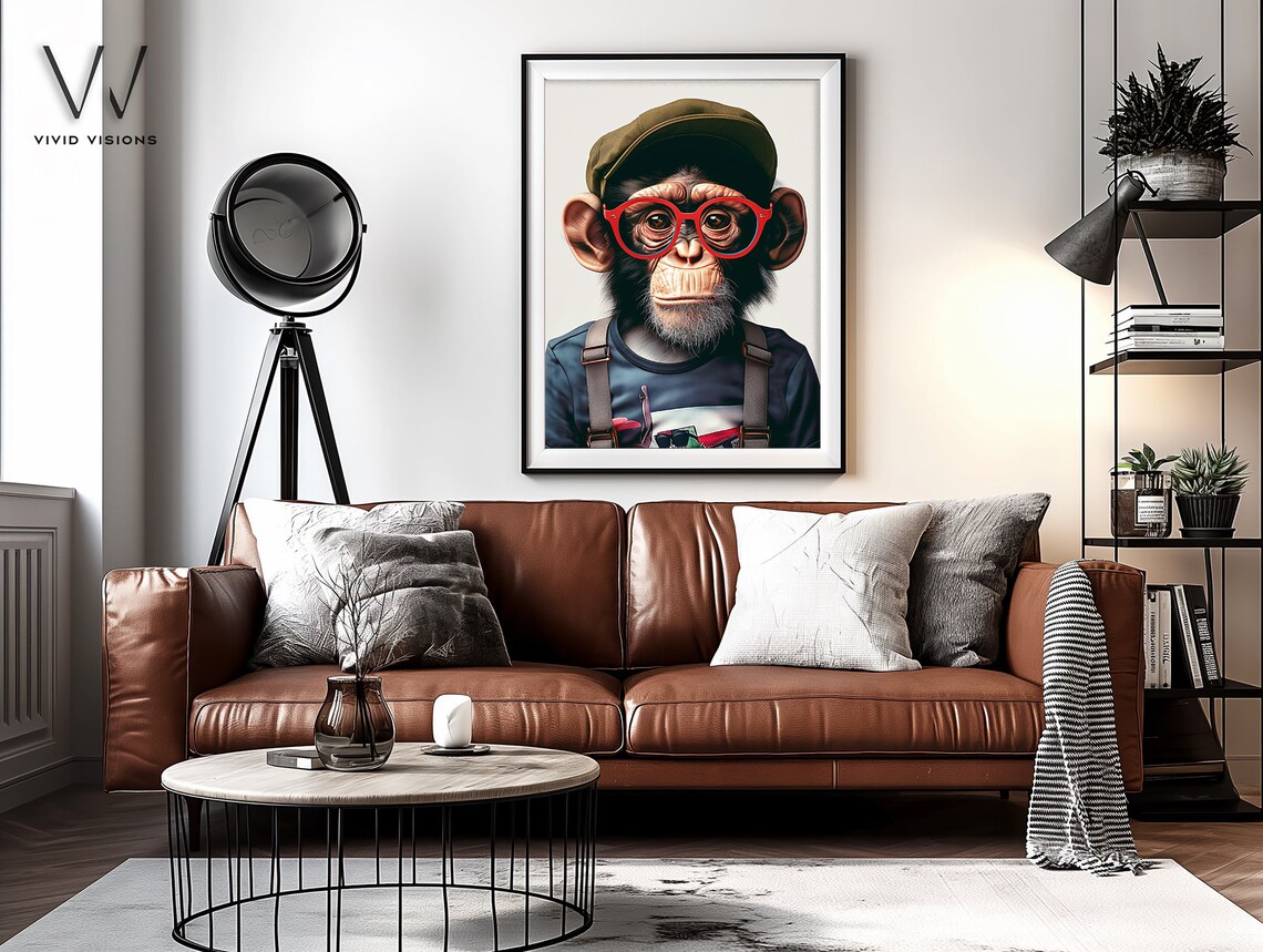 Young Chimp in Olive Cap Red Glasses Suspenders Adorable Poster - Image 4
