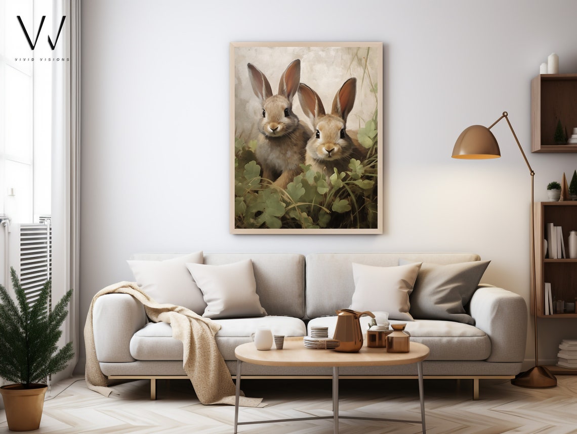 Bunny Pair among the Clover Vintage Spring Rabbit Wall Poster - Image 3