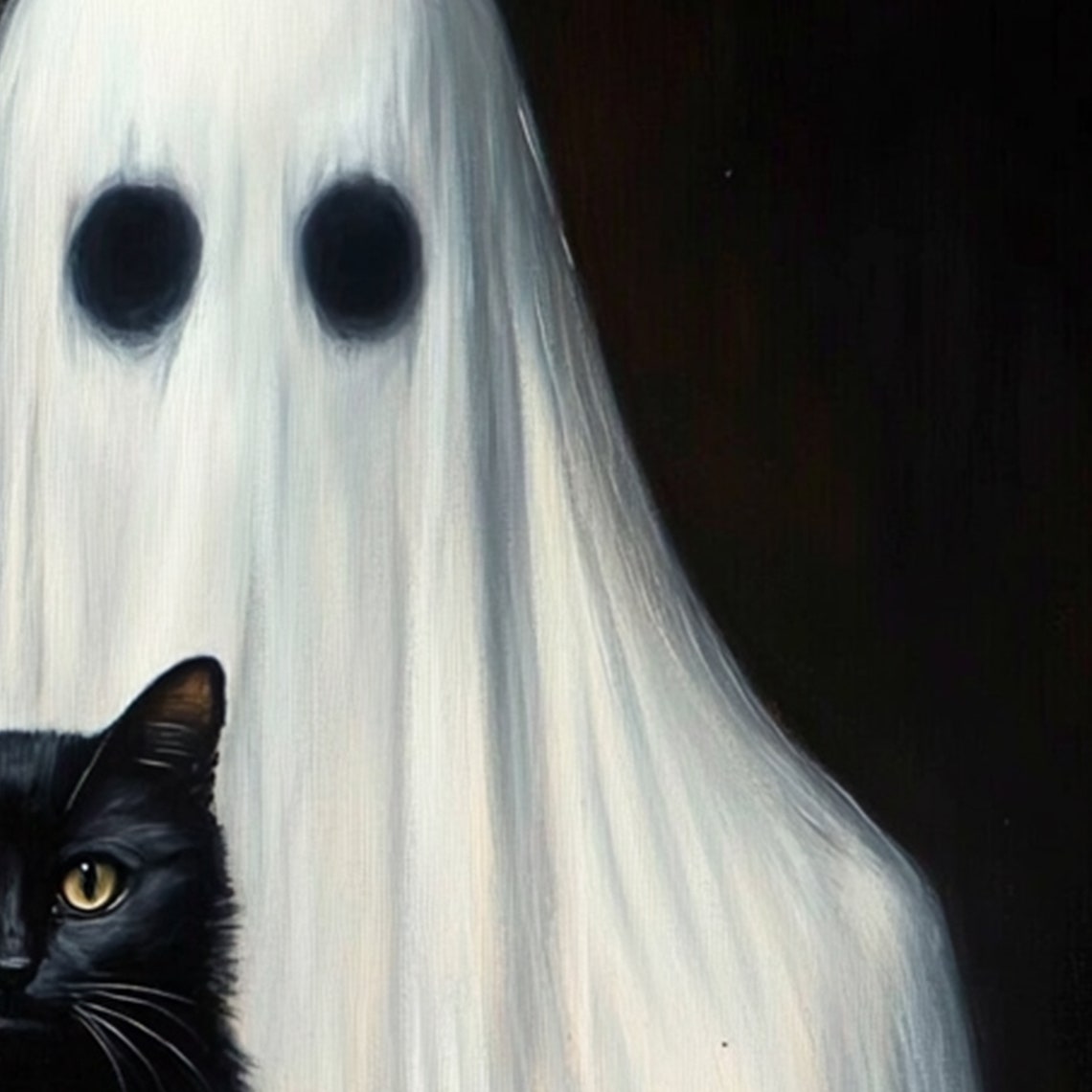 Ghost Holding A Black Cat Poster Spooky Halloween Pet Portrait Art - Image 2