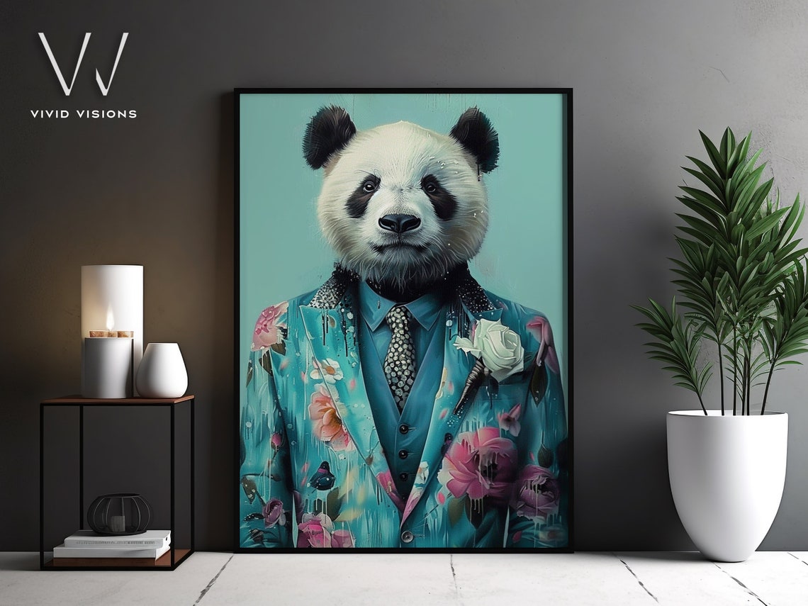 Panda Portrait Teal Floral Suit Patterned Tie Rose Boutonniere Poster