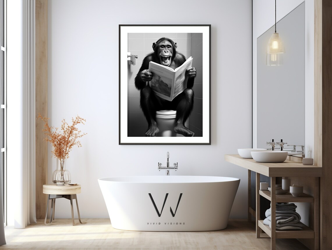 Monkey Sitting On The Toilet, Rustic Bath Art Print - Image 3