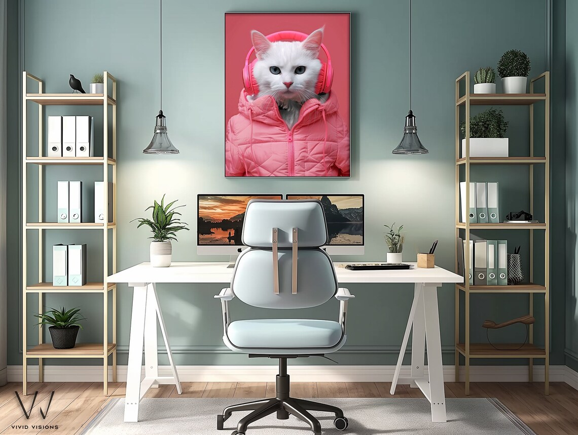 White Cat in Pink Puffer Jacket Headphones Cute Animal Poster Art - Image 3