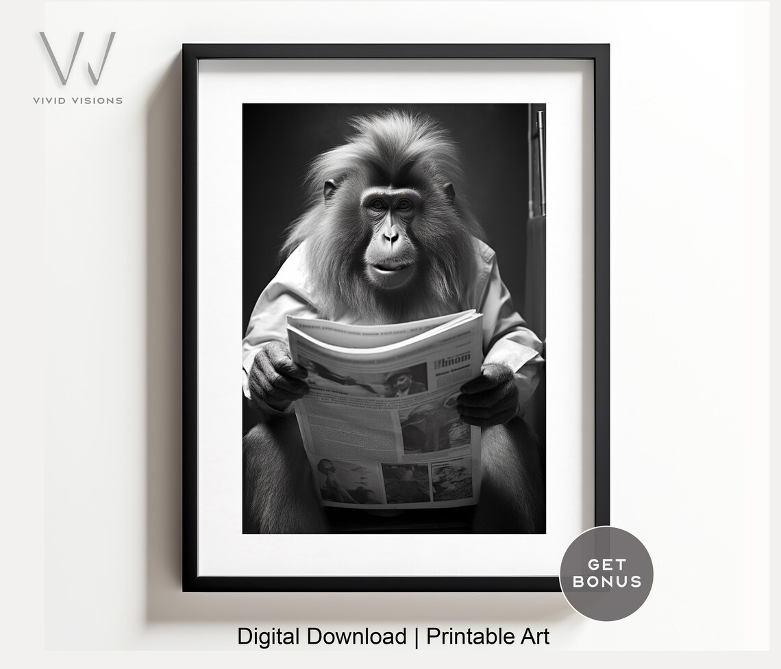 Maned Monkey in a Shirt Reading the Newspaper Vintage Poster