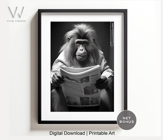 Maned Monkey in a Shirt Reading the Newspaper Vintage Poster