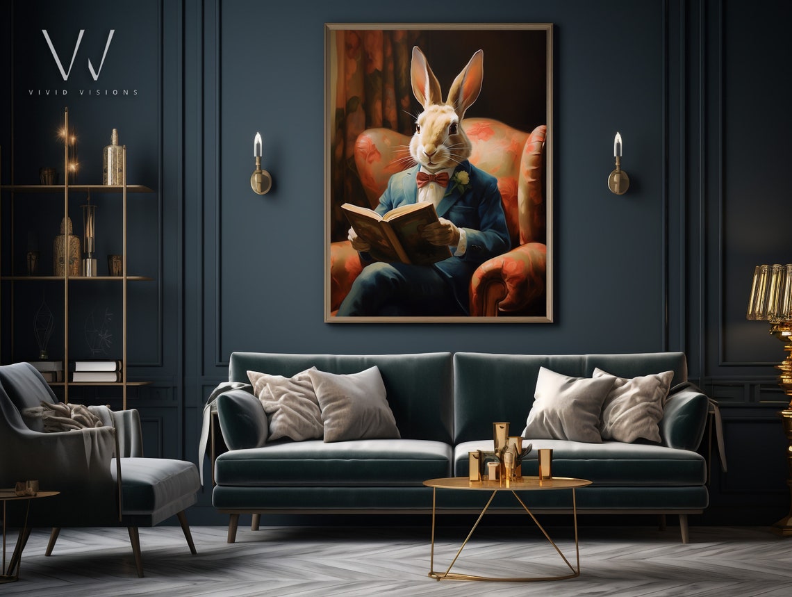 Scholar Rabbit Red Bow Tie Reading Armchair Vintage Animal Poster - Image 3