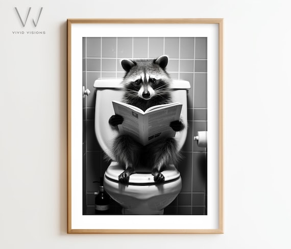 Raccoon Reading the Newspaper on the Toilet Funny Bathroom Poster